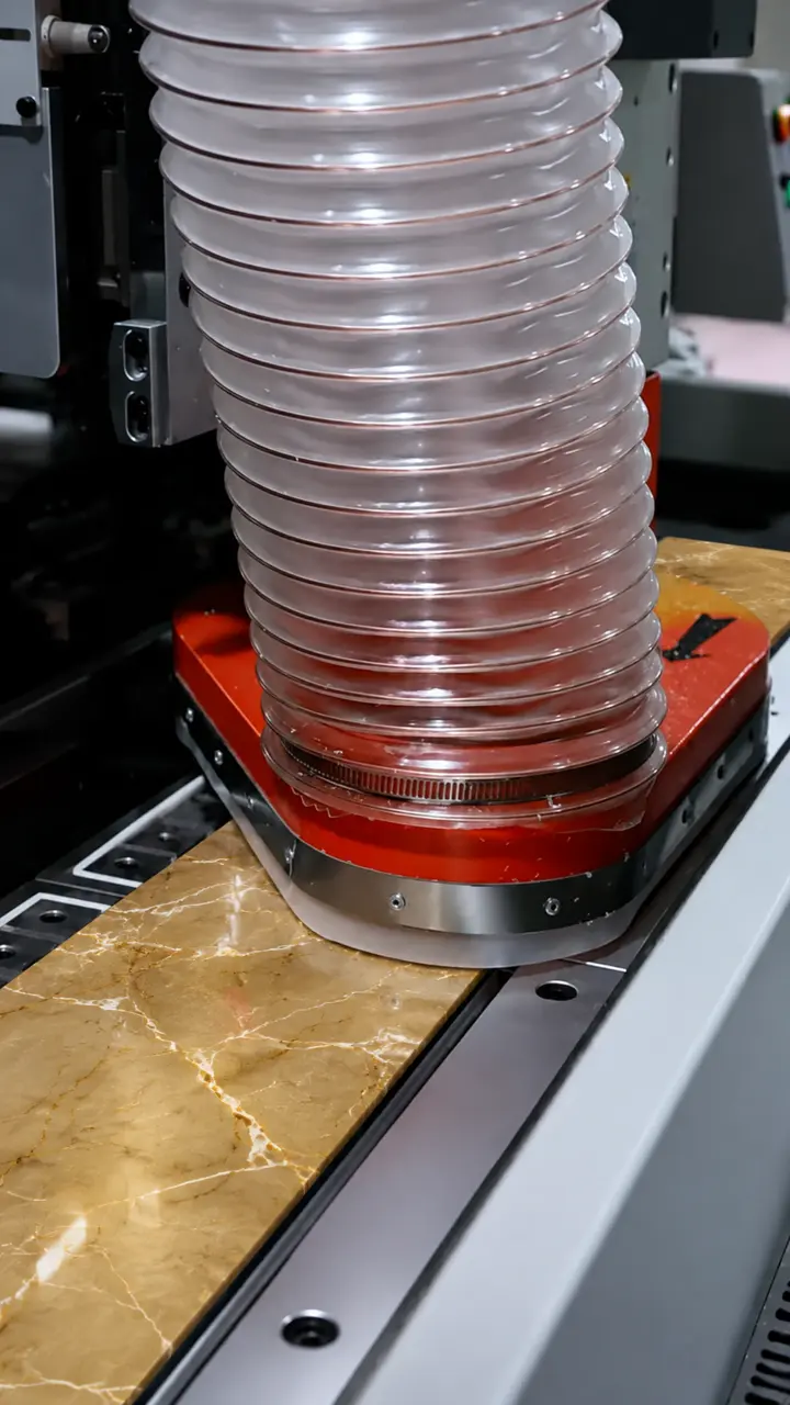 Automated finishing equipment working on a decorative tile surface