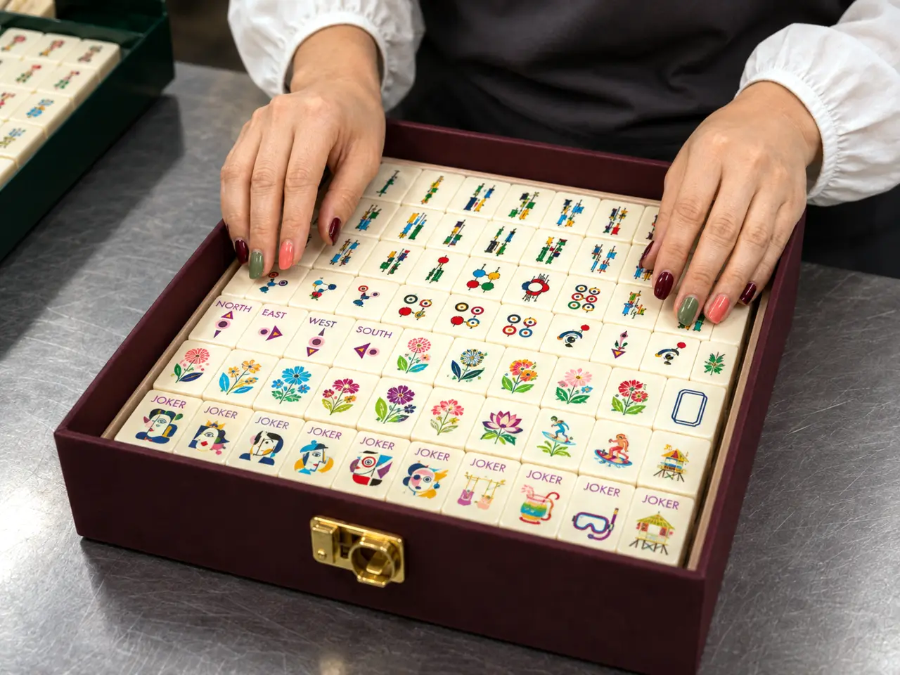 Worker arranging a complete American Mahjong set in a premium presentation box